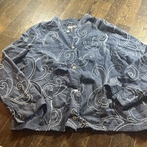 Chico's Sz 2 Cotton Snap Front Crewel Embroidered Chambray ‎ Jacket Top Large